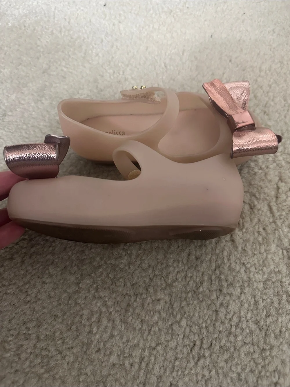 Mini Melissa Girls' Blush Jelly Mary Janes with Metallic Rose Gold Bows